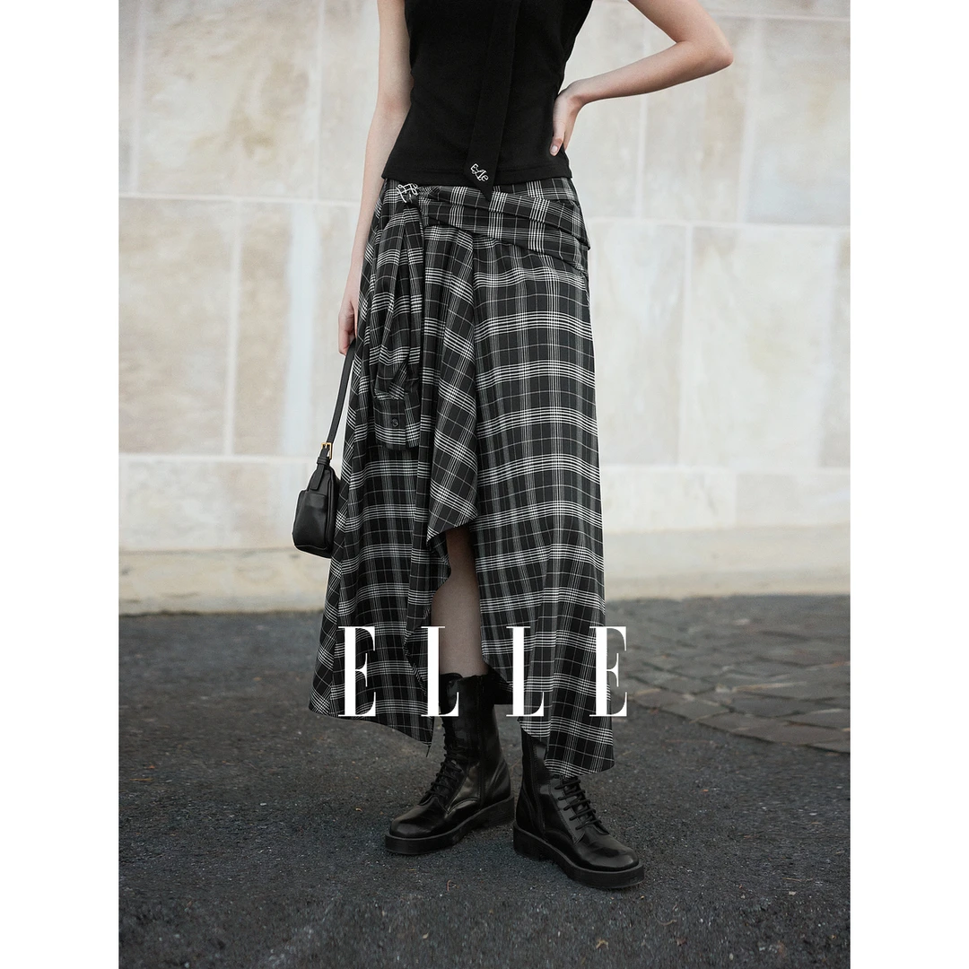 ELLE高级感不规则爆款格子半身裙2025春新款网红炸街裙子ER50964