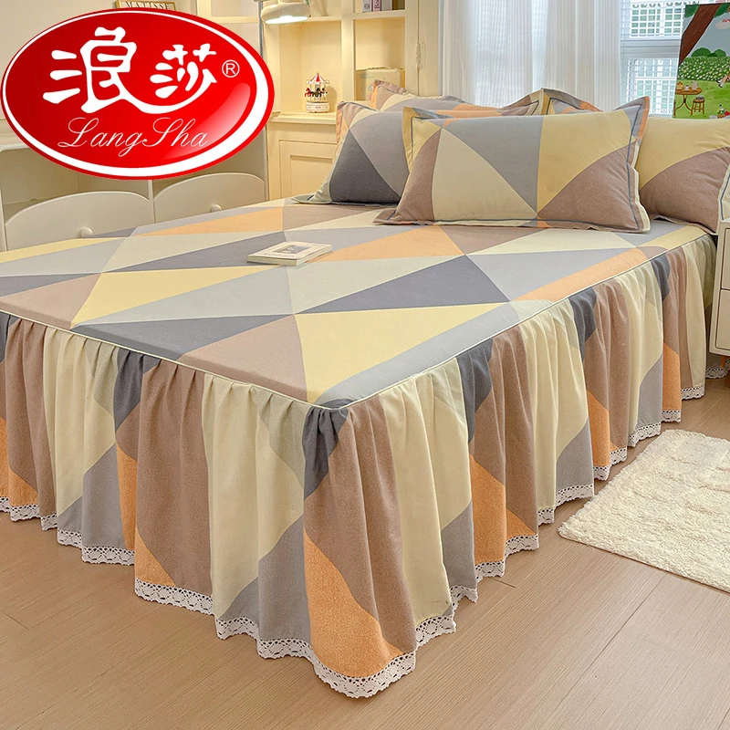 浪莎2025新款全棉纯棉磨毛床裙单件花边加厚床单带裙边遮丑三件套