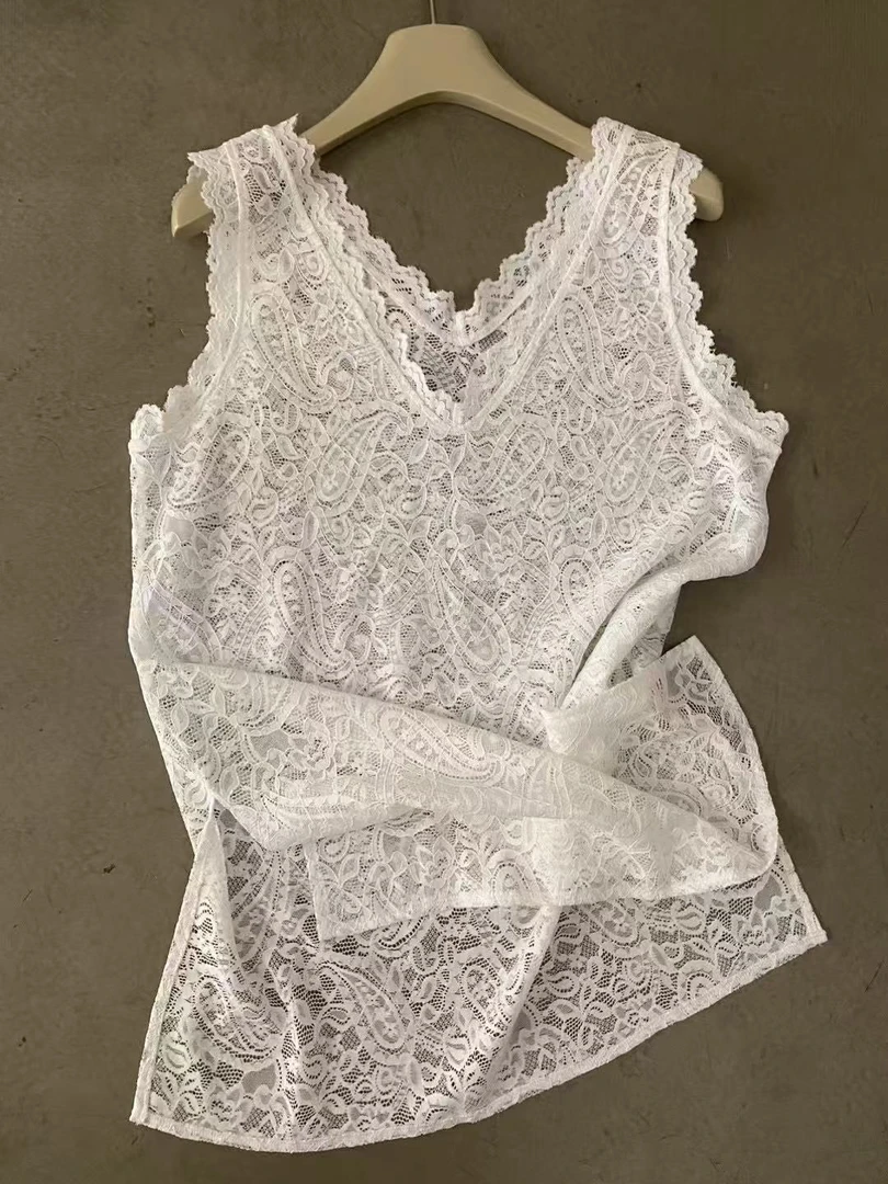 高品质韩货 时尚V领简约 水溶蕾丝背心无袖T恤女上衣