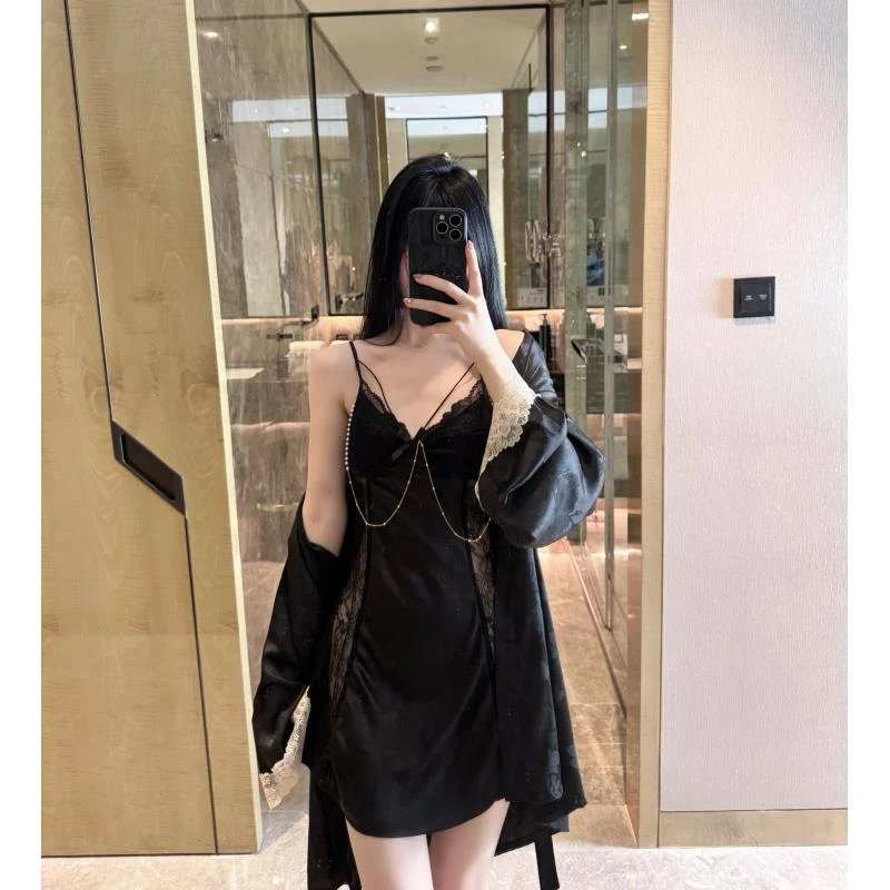 性感提花吊带睡裙睡袍两件套睡衣女士春夏家居高级奢华珍珠链冰丝