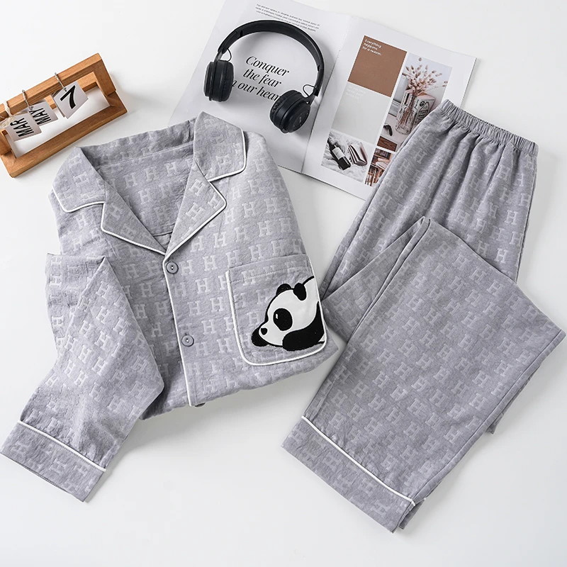 莉莉家2025男士新款开衫长袖长裤灰色熊猫睡衣家居服套装外穿