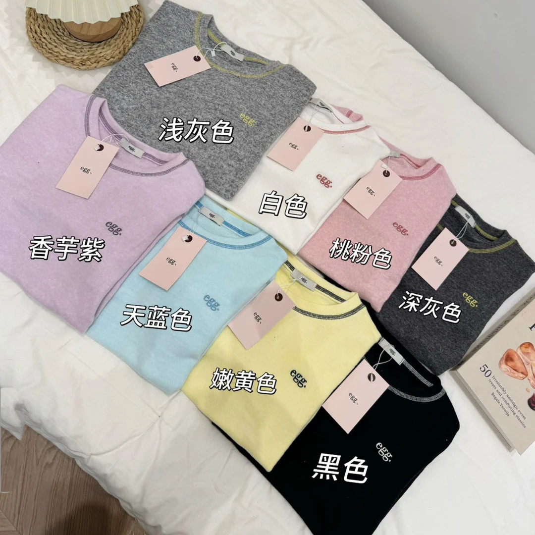 【鸡蛋麻丝】M韩系刺绣eg拼麻丝打底衫百搭显瘦软糯长袖衫亲肤