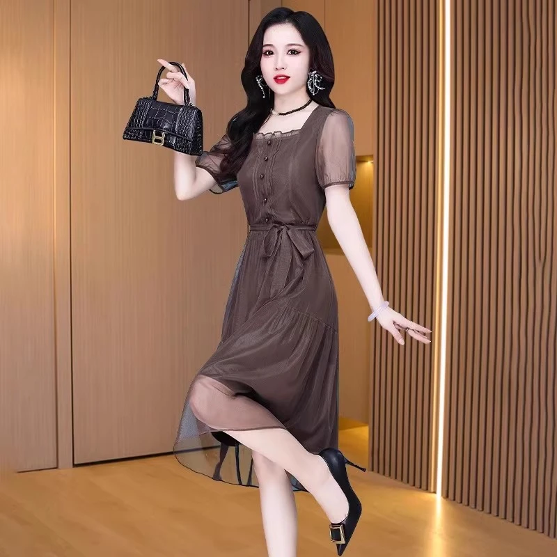 雪纺连衣裙女夏季2025新款气质高端精致奢华品牌纱料方领礼服裙子