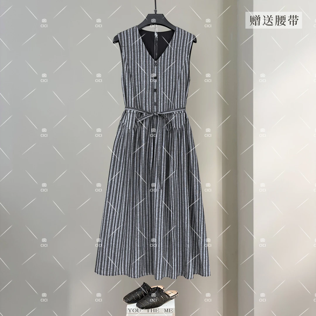 经典永续 简约气质高级感V领条纹天 丝麻显瘦连衣裙XRG-6000591