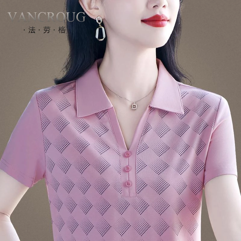 法劳格高端短袖t恤女夏季新款Polo衫带领半袖T恤洋气中年休闲宽