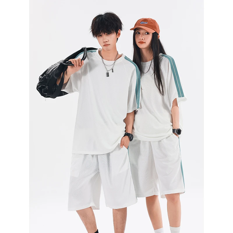 夏季薄款冰丝速干运动套装情侣宽松休闲痞帅百搭透气两件套潮牌