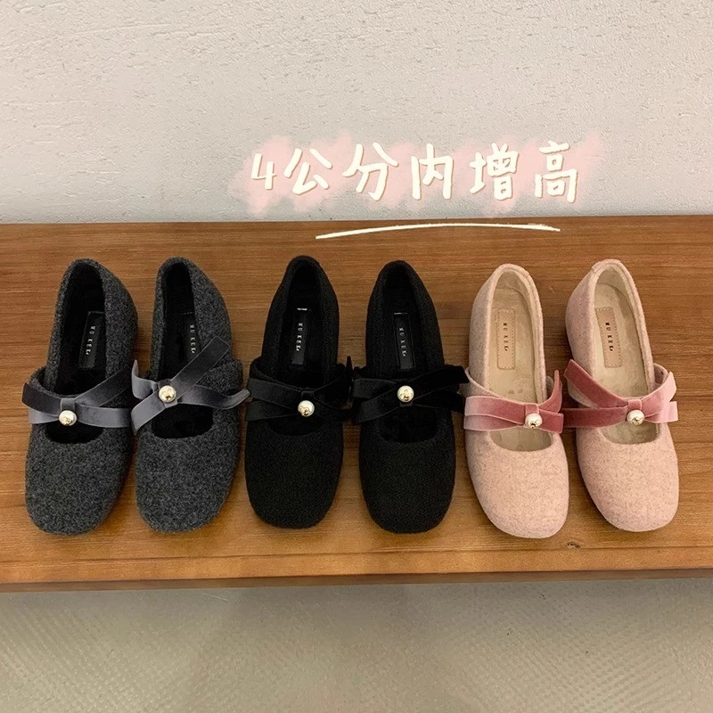卓诗尼芙妮法式温柔小香风秋冬复古内增高4CM蝴蝶结珍珠毛毛女鞋
