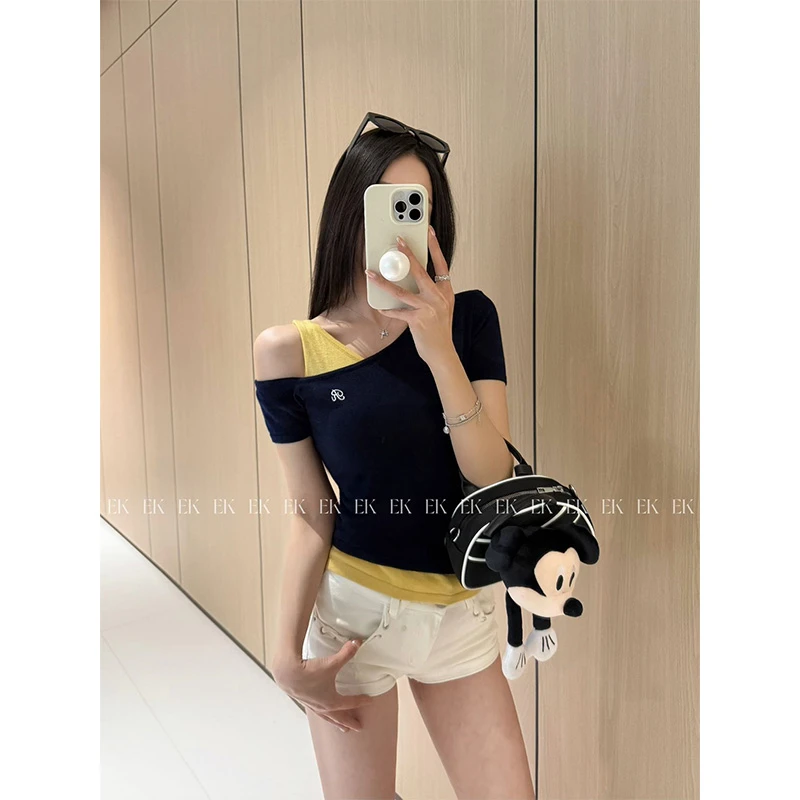 EK时尚百搭撞色设计感小众气质假两件短袖T恤女修身显瘦上衣潮162