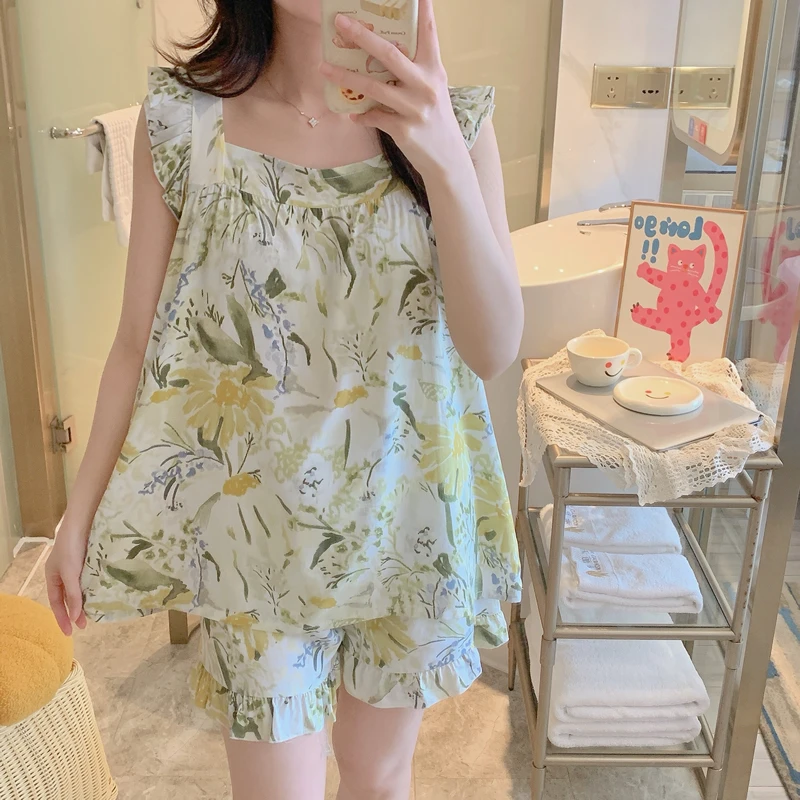 棉绸睡衣女夏季薄款短袖短裤宽松人造棉绵绸套装大码外穿家居服