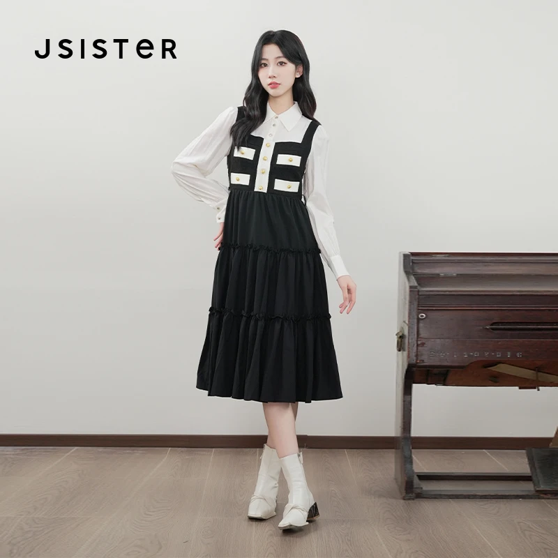 【黄蓉推荐】jsister 冬装新款 JS女装黑米拼接长袖衬衫连衣裙