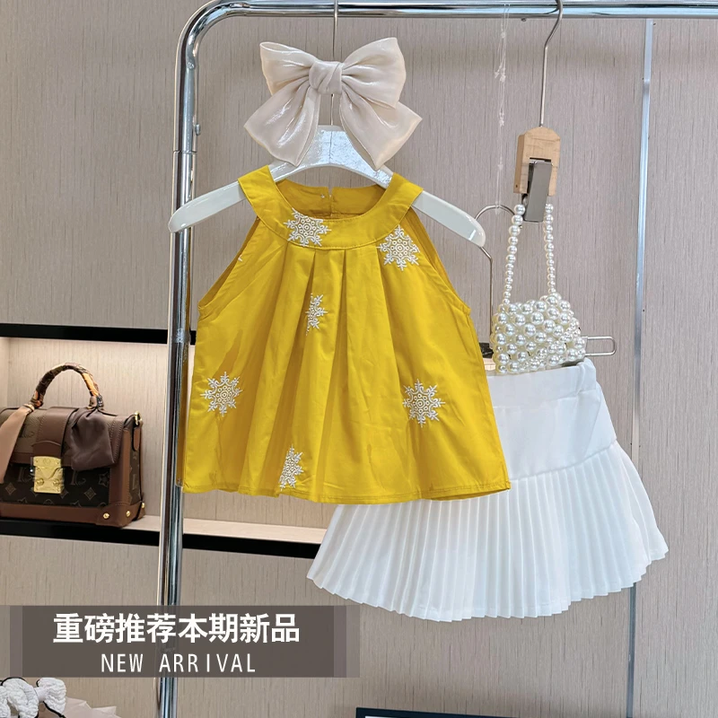 女童夏季套装2025新款洋气夏装百褶裙小女孩时尚夏款无袖两件套