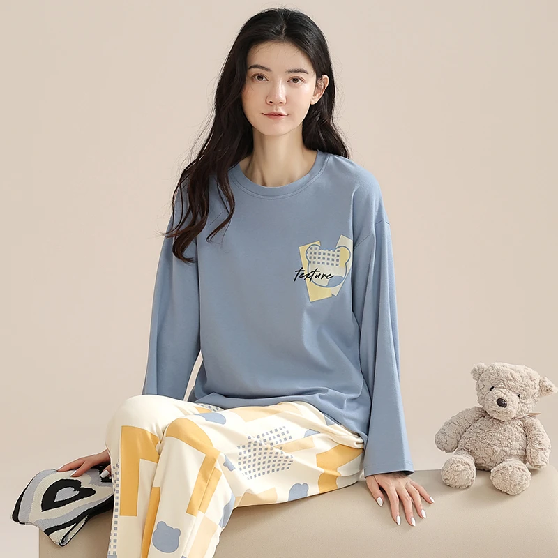 长袖宽松春秋季成人套装家居服套装圆领女士睡衣薄款韩版休闲卡通