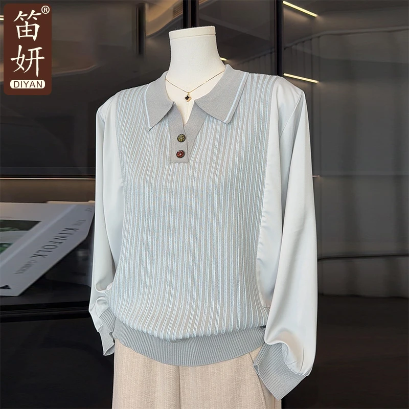 时尚洋气妈妈秋装雪纺袖针织衫女2025新款气质上衣中老年人打底衫