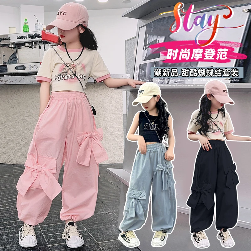 女童夏装套装新款中大童漂亮韩版洋气女孩时髦蝴蝶结工装裤两件套