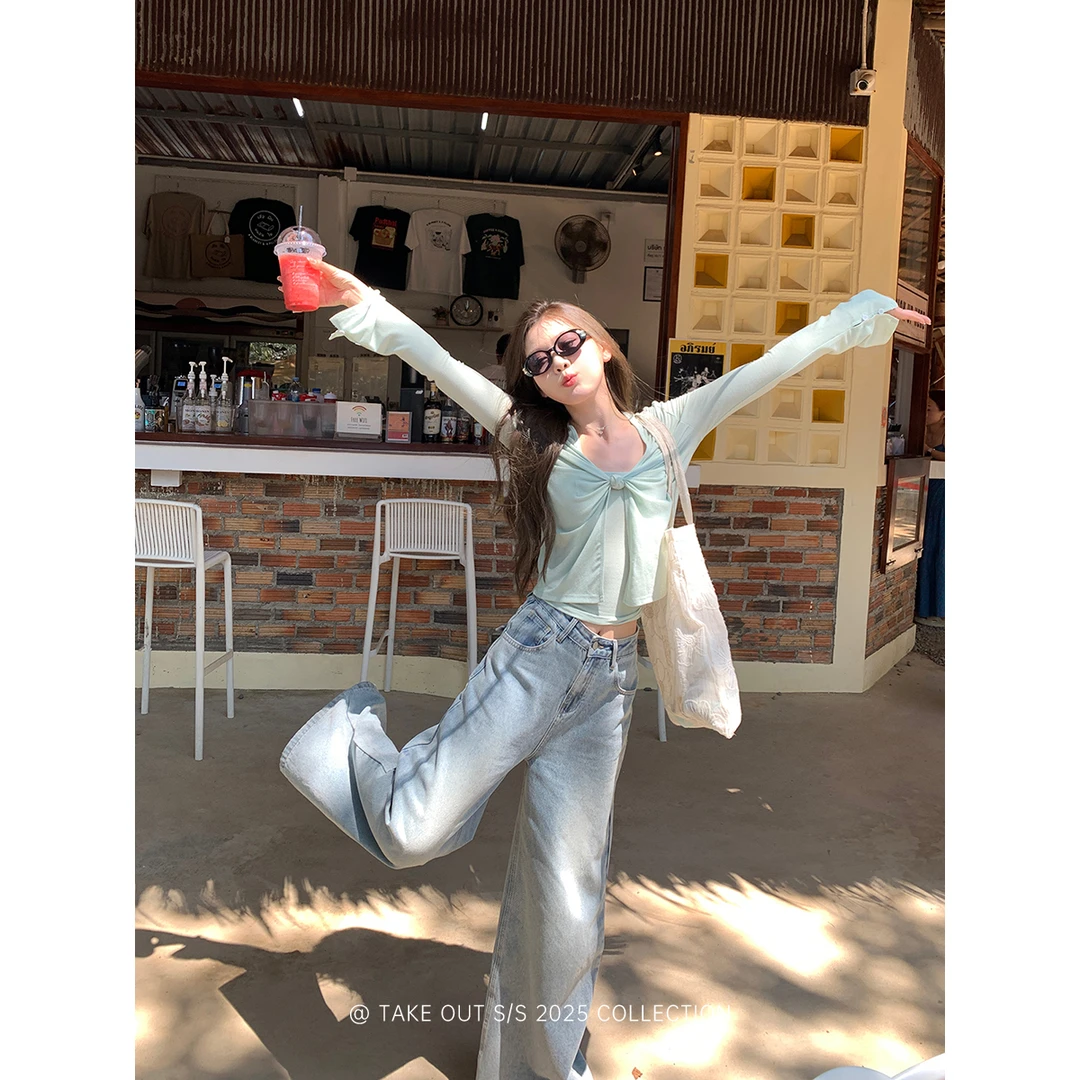 外卖到了【薄荷甜酒】纽结抽褶T恤女春季长袖显瘦时尚上衣WM5BZZ10