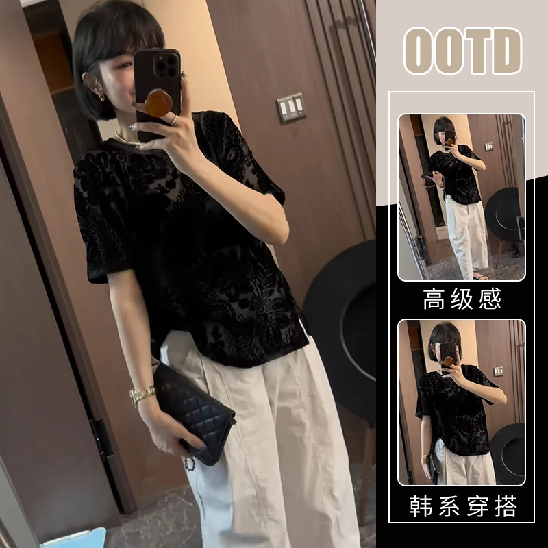 欧美显气质两件套装轻奢蕾丝短袖上衣时髦宽松显瘦时尚洋气九分裤