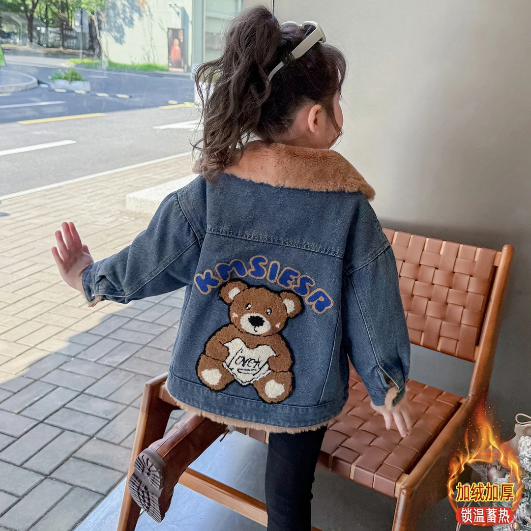 女童加绒牛仔外套洋气秋冬款小女孩加厚保暖上衣小女孩卡通外套潮