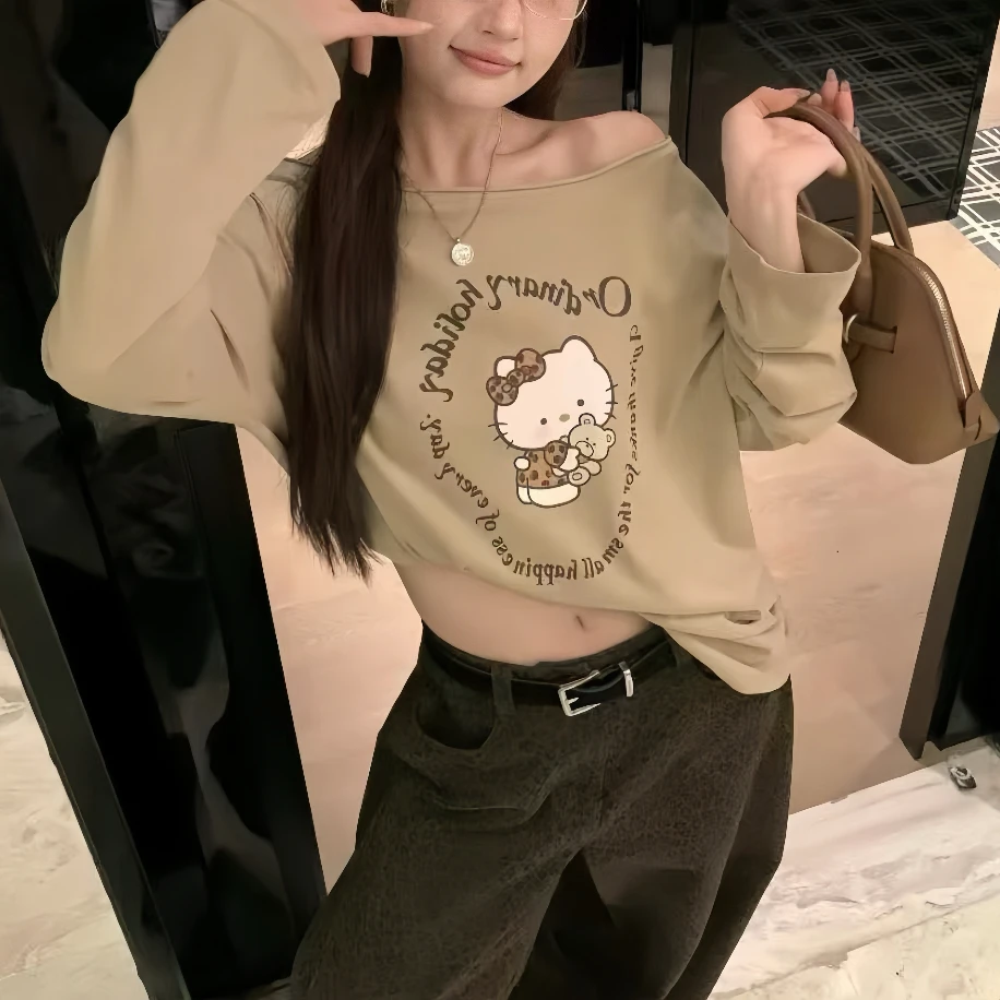 大码做旧秋季T恤长袖设计感刺绣圆领欧式内搭和豹纹裤子
