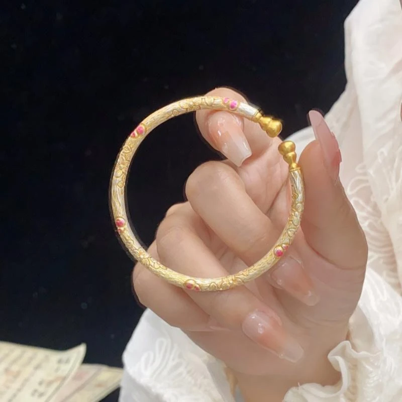 足银手镯 银9999描金樱花葫芦手镯实心开口镯2025新款高级感简约