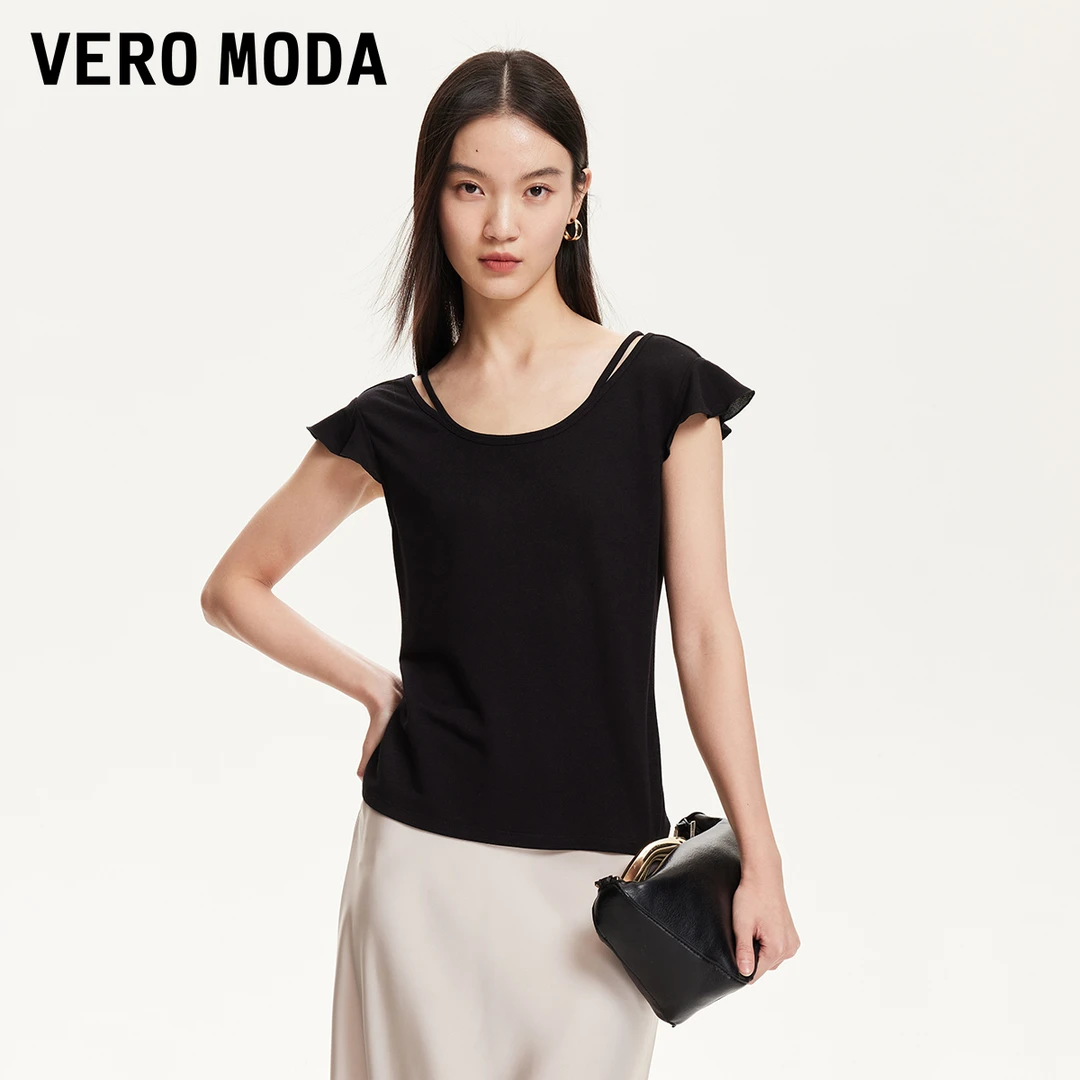 Vero Moda欧若风T恤双层镂空领边小飞袖短袖上衣百搭325101037