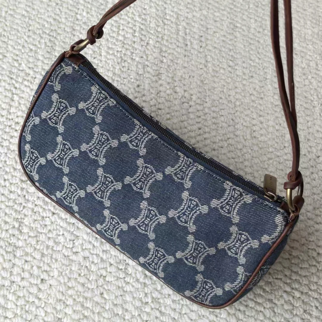 95新 Celine/思琳 牛仔凯旋门骨头老花丹宁腋下包
