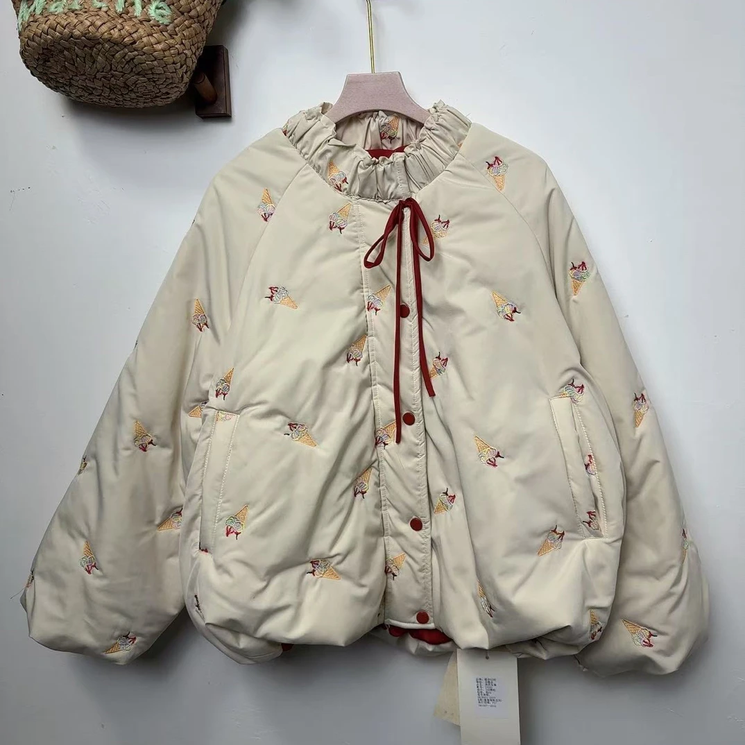 日系 甜美温柔风立领棉服外套学院风减龄保暖面包服胸134长65