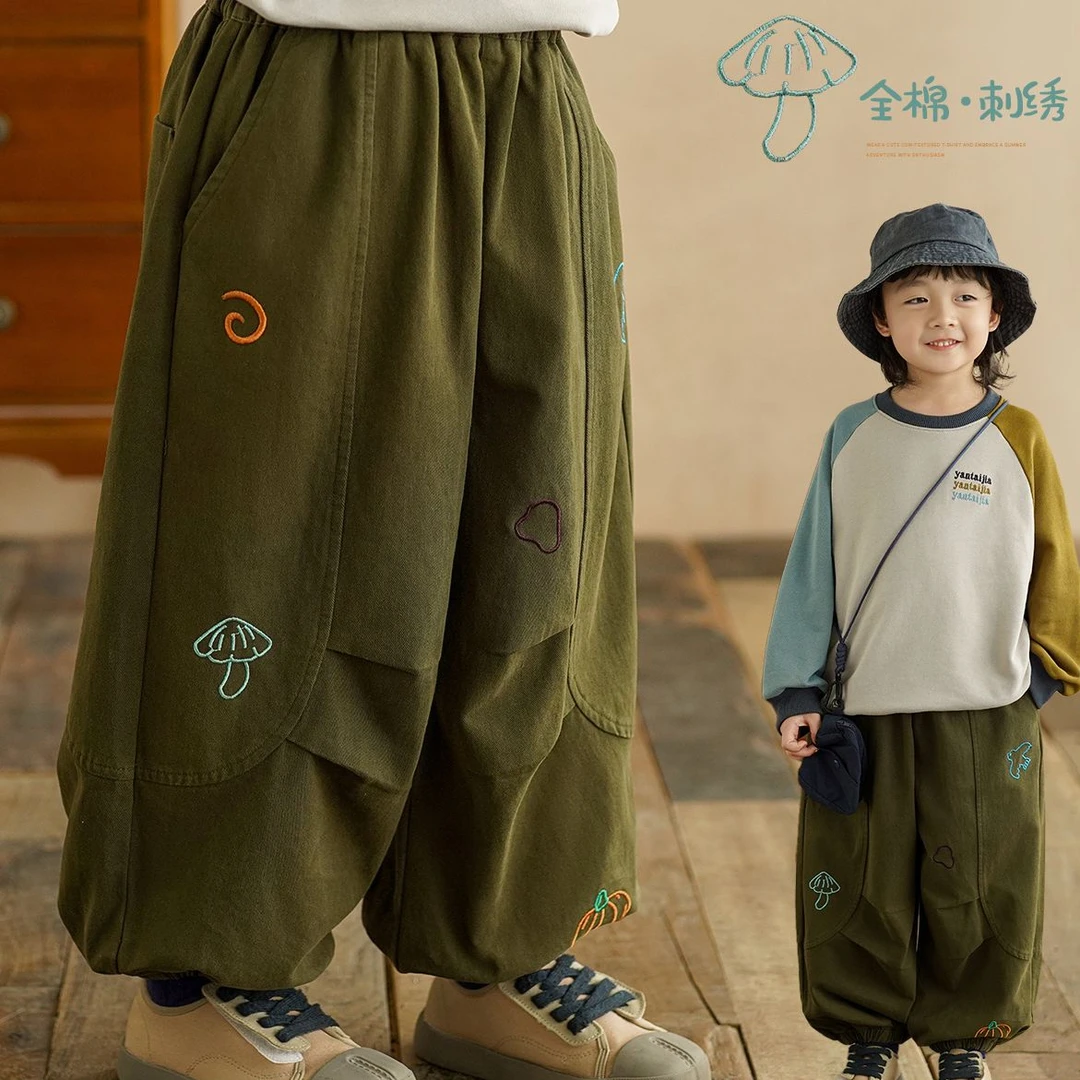 砚台家男童纯棉休闲裤工装风秋冬童装儿童彩色绣花哈伦裤宝宝裤子