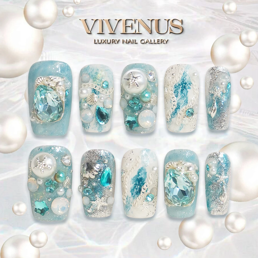 【碧潮湾】原创设计 蓝色海洋 度假风 手绘 轻奢穿戴美甲