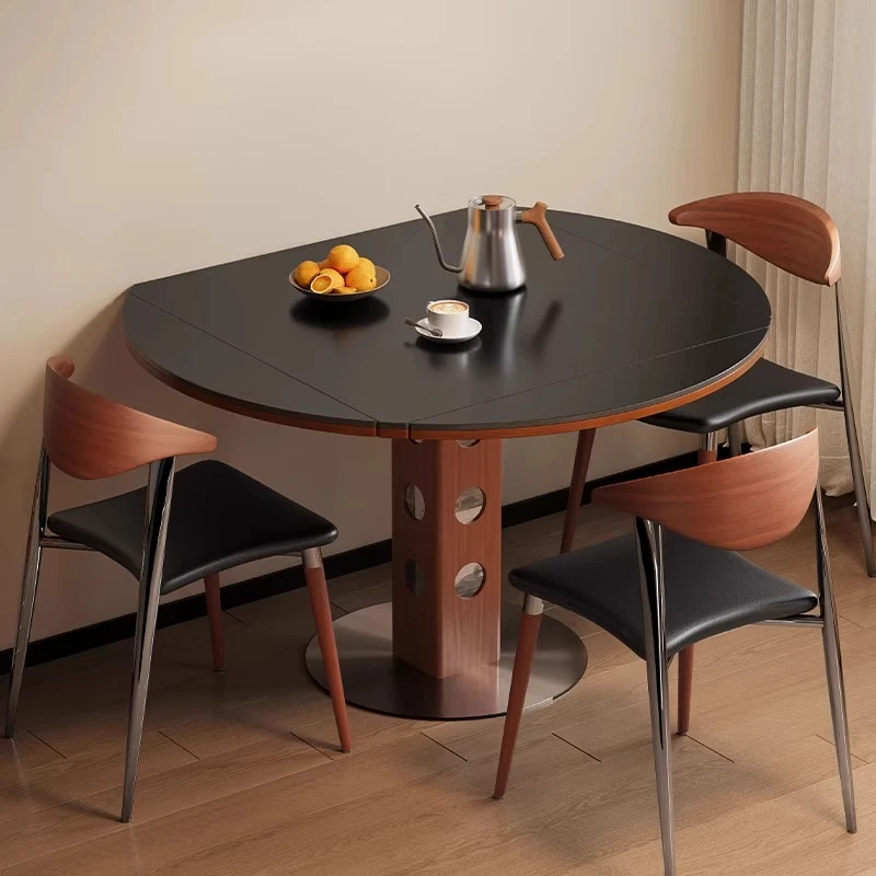 法式复古实木饭桌子功能餐台小户型包豪斯轻奢餐厅正方形折叠圆桌