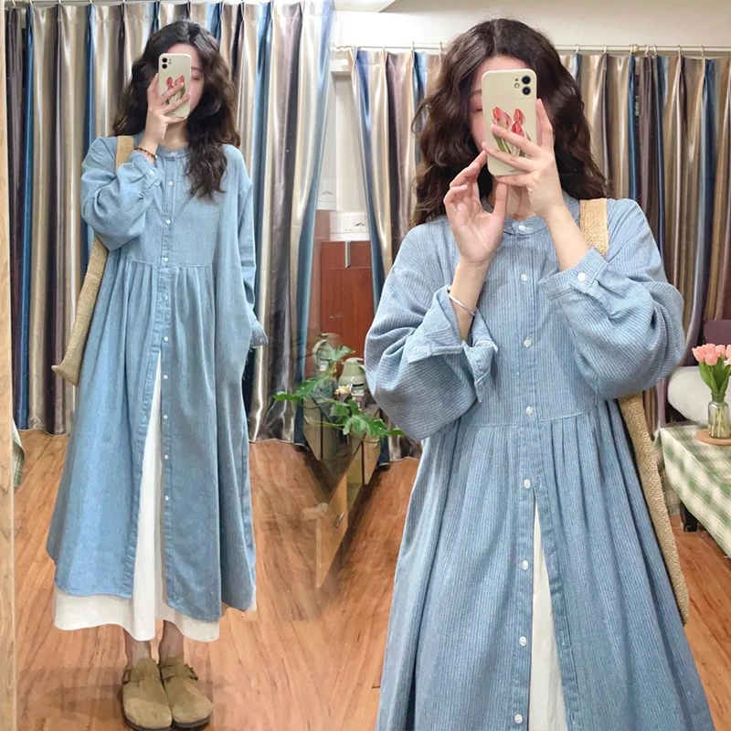 孕妇夏装套装2025春秋新款衬衫裙圆领长袖两件套宽松孕妇连衣裙秋