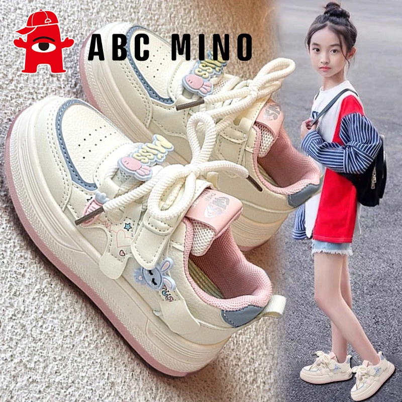 ABC MINO女童鞋秋季2025新款儿童运动小白鞋皮面女孩轻便休闲板鞋
