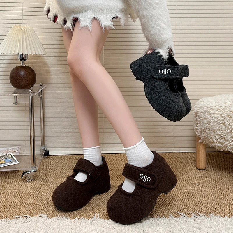 欧货毛呢毛毛鞋魔术贴玛丽珍厚底松糕加绒单鞋小个子7cm大头女鞋