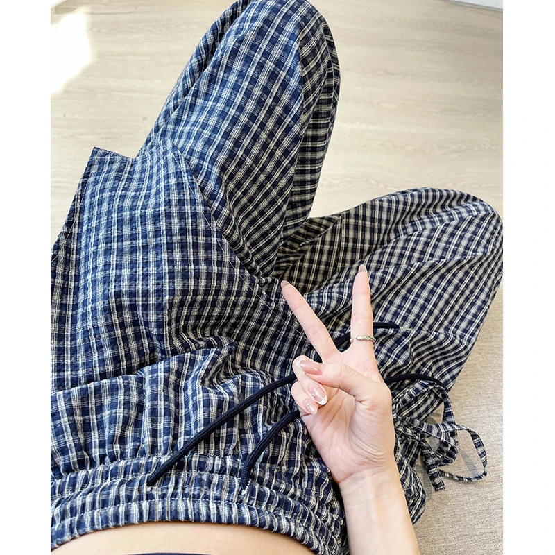 格子工装裤女夏薄款大码胖mm显瘦垂感轻薄速干跳舞运动冰丝阔腿裤