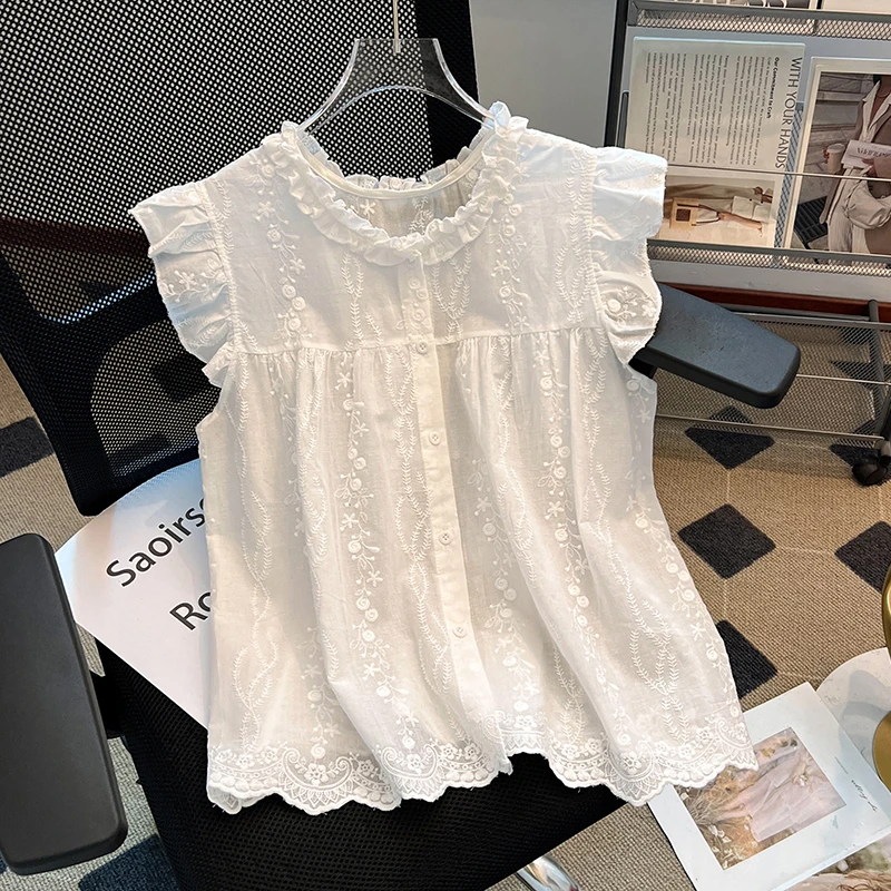 法式白色小飞袖衬衫女夏2025新款设计感甜美木耳边无袖娃娃衫上衣