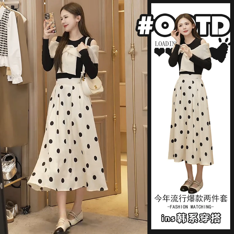 可甜可盐炸街两件套装女秋季新款辣妹镂空撞色上衣高腰波点半身裙