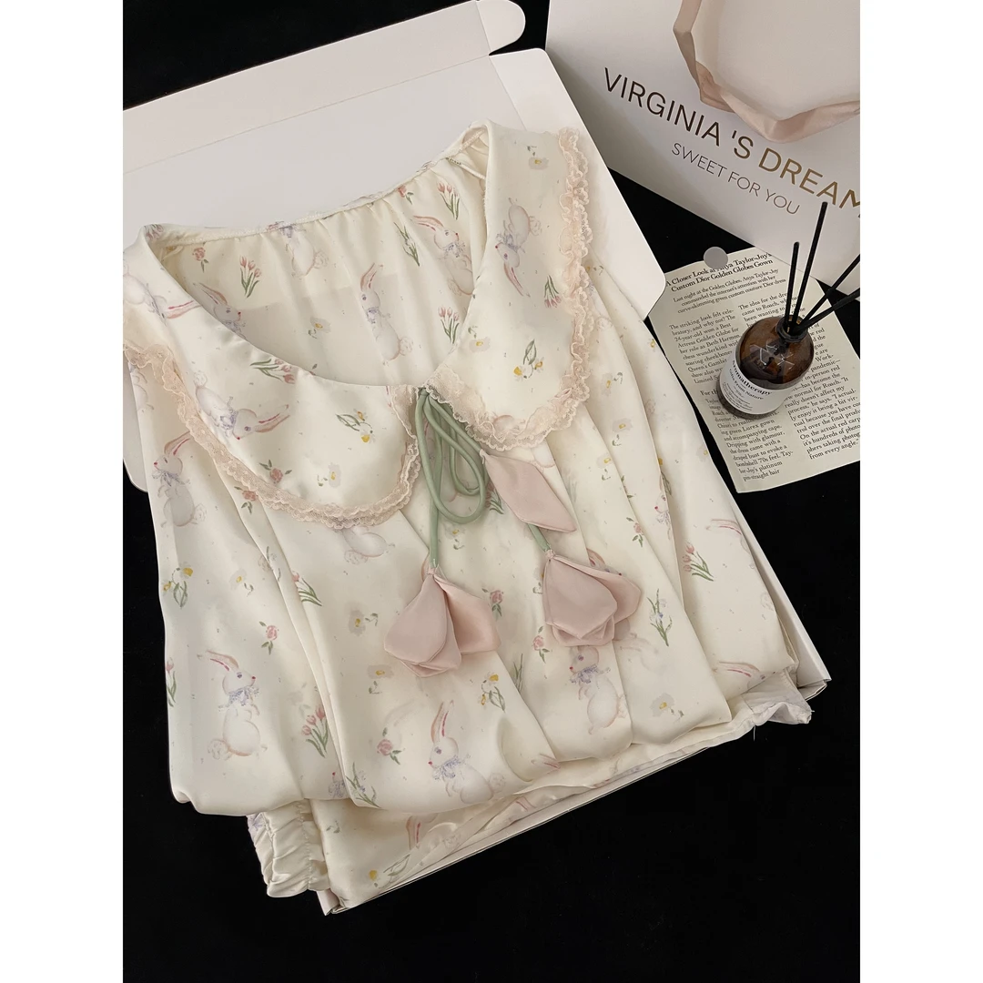 法式可爱缤纷兔长袖睡衣女2025春秋季温柔甜美蕾丝印花套装家居服