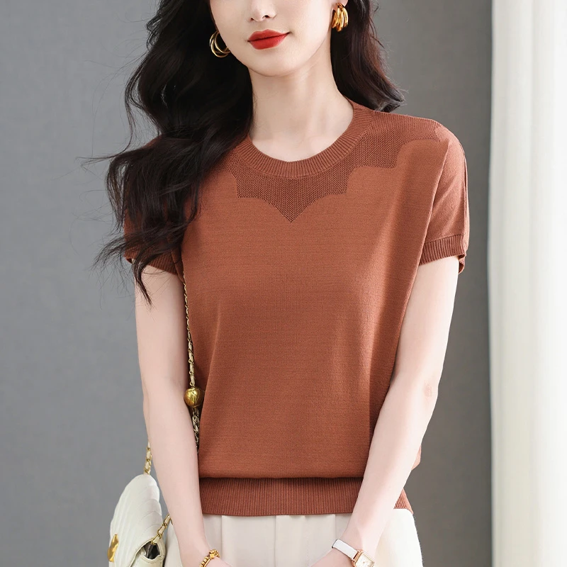 短袖t恤女装夏季2025新款圆领镂空冰丝上衣宽松大码遮肚子针织衫