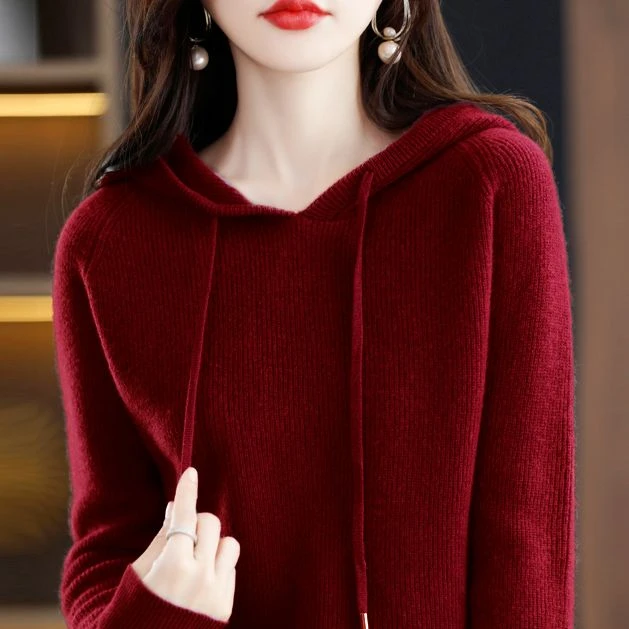 乐町秋冬新款加厚羊毛衫带帽针织衫连帽毛衣女宽松百搭红色打底衫