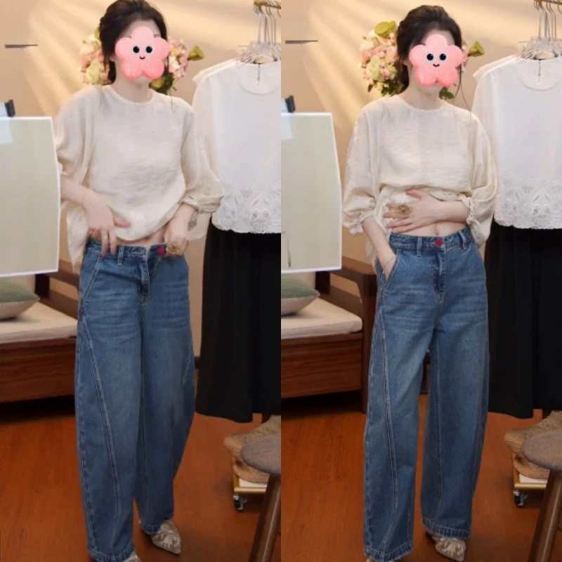 2025设计感提花刺绣灯笼袖套头衬衣+高腰百搭显瘦牛仔裤LK2505550