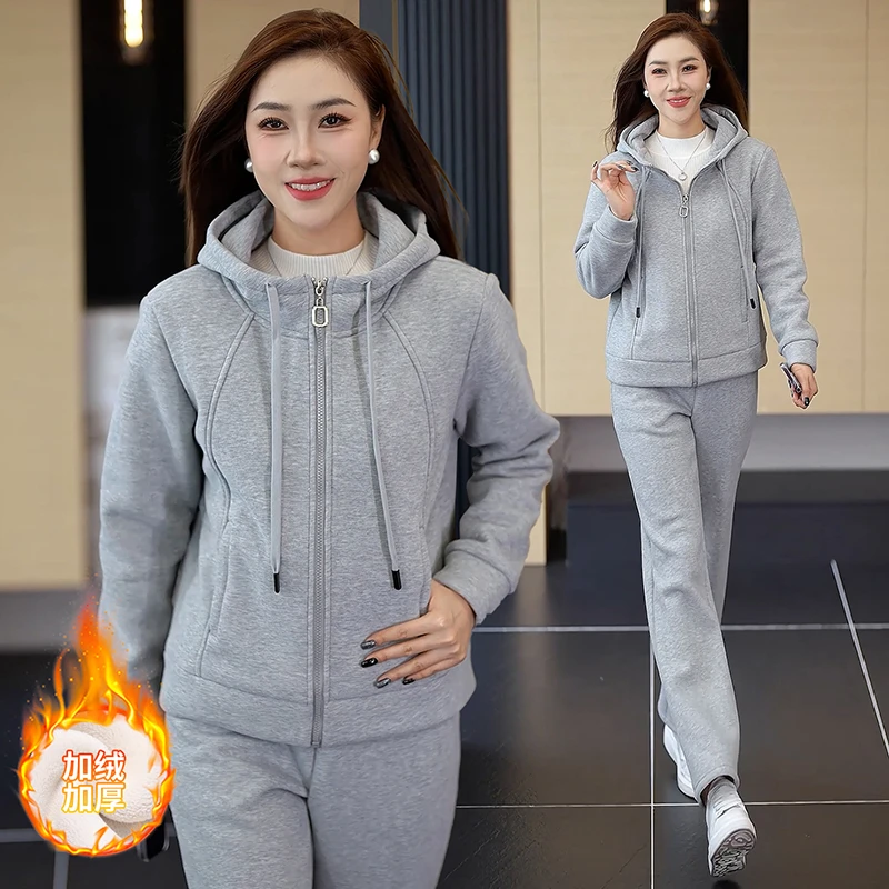 时尚运动套装女冬季新款加厚加厚连帽两件套韩版洋气宽松大码套装