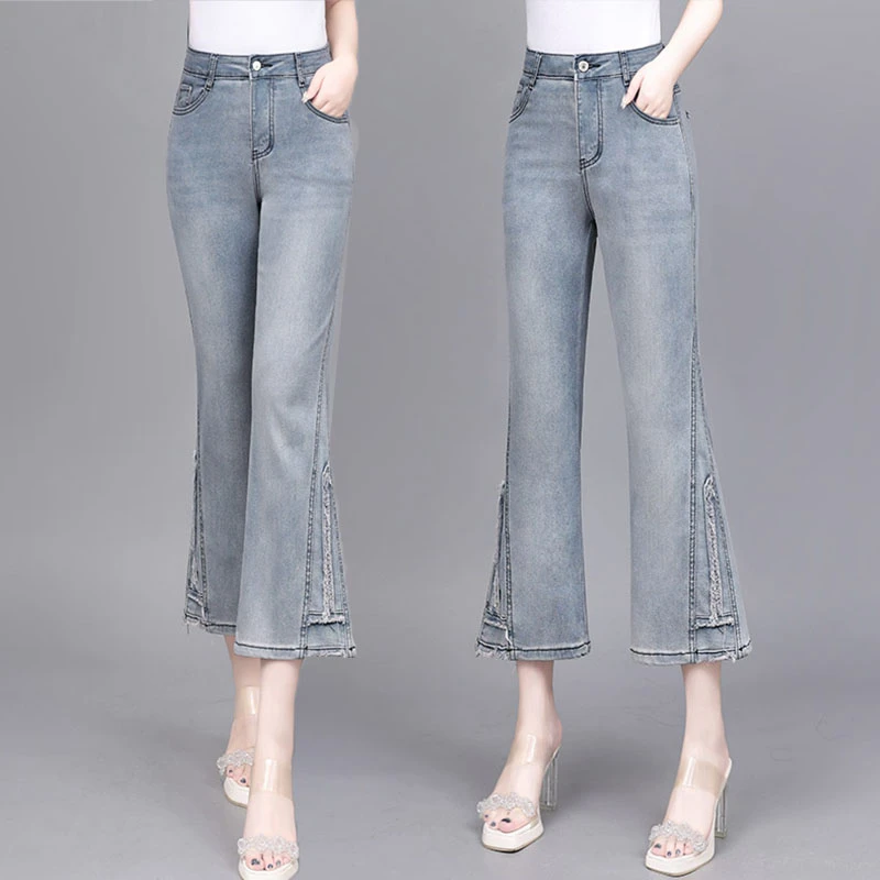 莫迪兰灰高腰显瘦小个子气质夏季薄款烟灰色八九分微喇叭牛仔裤女