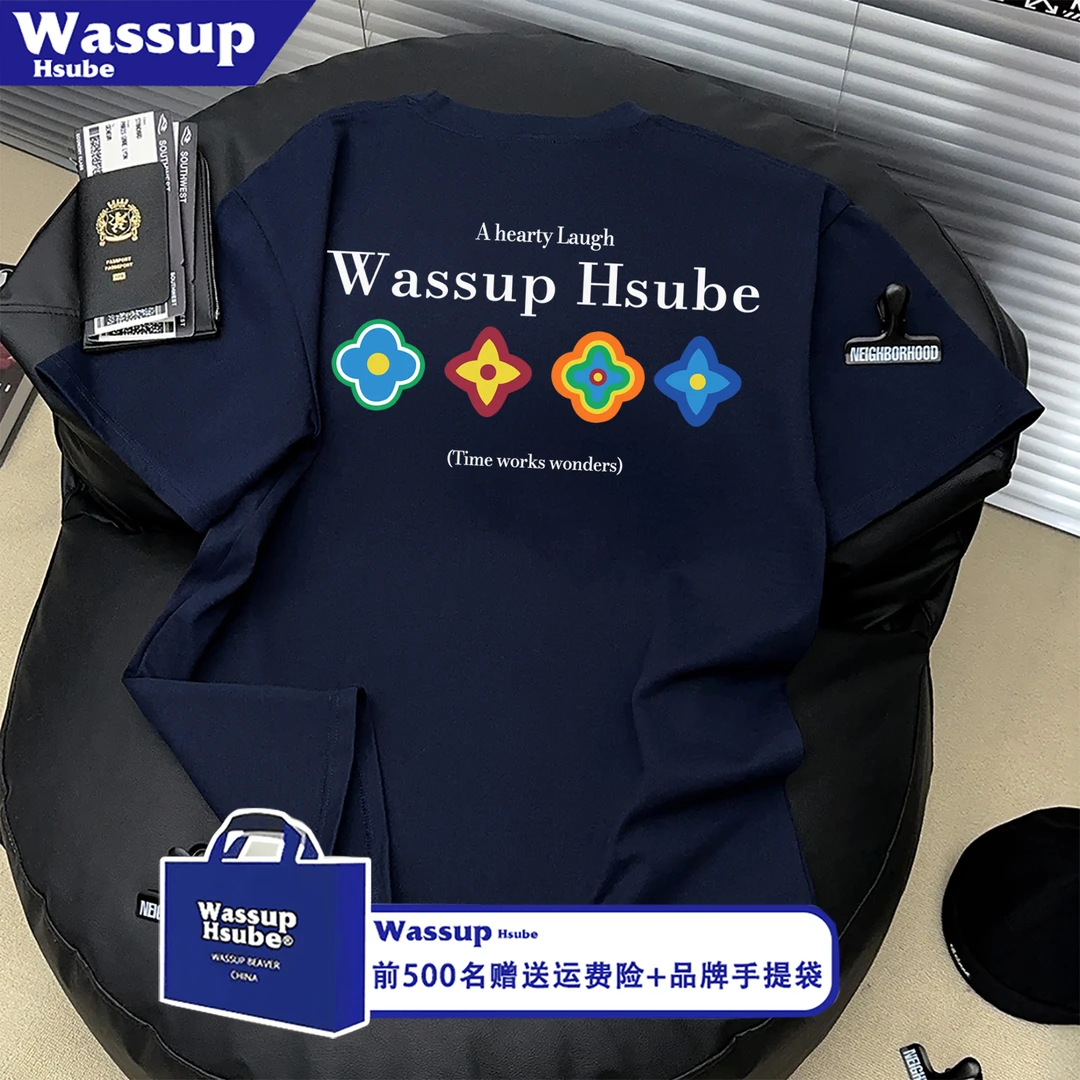 WASSUP HSUBE美式复古潮牌纯棉的短袖T恤男女ins宽松短袖情侣上衣