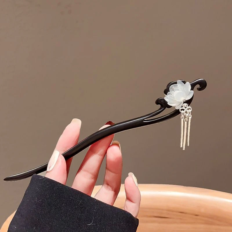 古风莲花檀木发簪女中式步摇流苏盘发簪子日常简约高级感发钗配饰