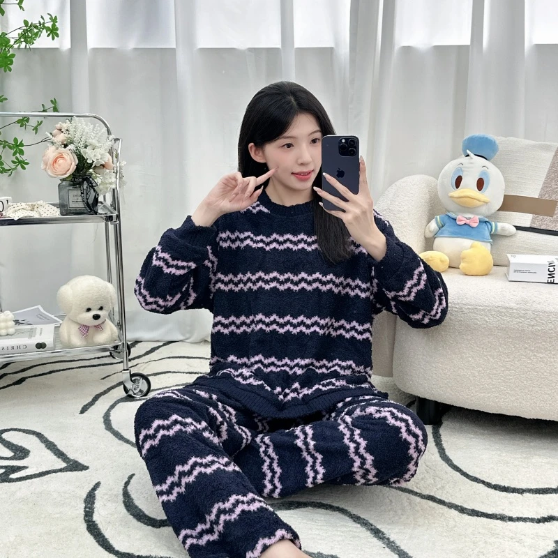 睡衣冬季女加绒加厚简约套装长袖家居服可外穿大码半边绒套装保暖