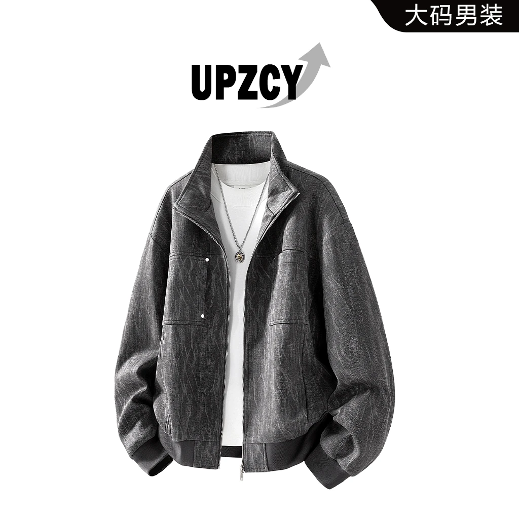 UPZCY男士大码立领夹克外套秋季美式宽松休闲潮流闪电纹上衣外套