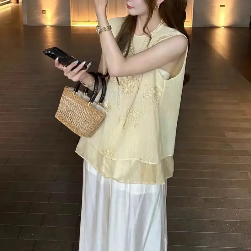 国风假两件黄色拼接洋气背心夏季新款时尚百搭上衣2025修身女款