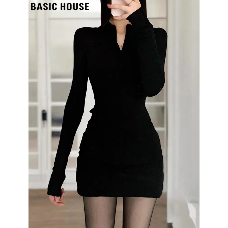 Basic House/百家好黑色加绒包臀连衣裙女秋冬内搭T恤裙紧身短裙