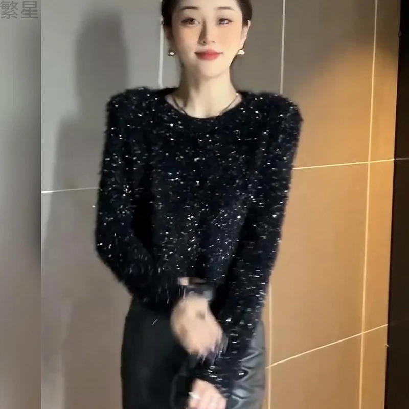 气质修身仿貂亮丝圆领短款毛衣女秋冬2025新款高级感超日韩女装