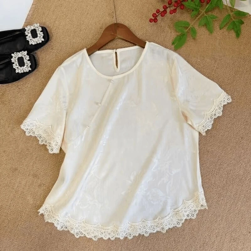 【杏花微雨】）新中式国风夏季提花短袖蕾丝拼接宽松显瘦短袖上衣