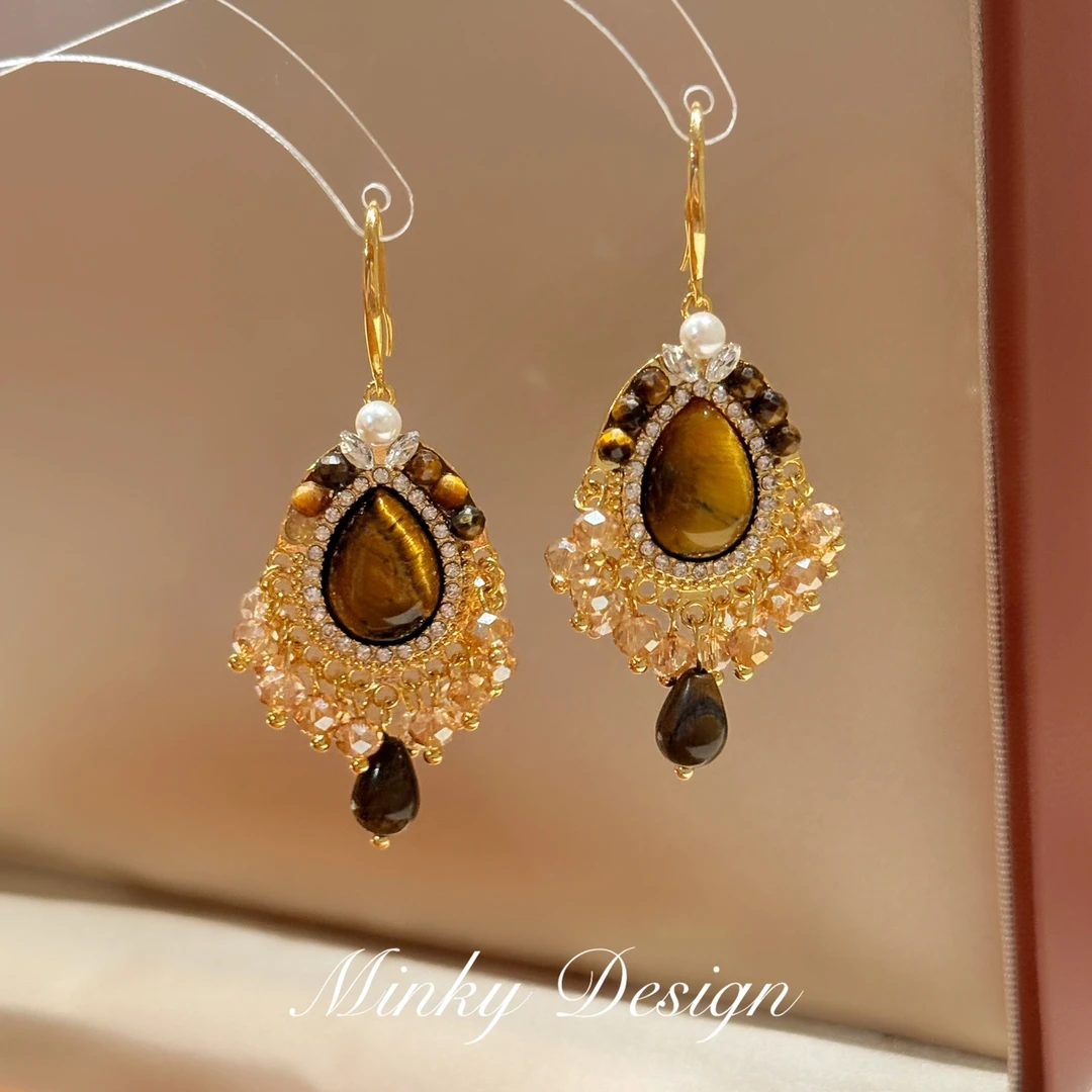铜合金耳饰 「琥珀金沙」复古水滴流苏耳环蚊香盘耳夹无耳洞耳夹